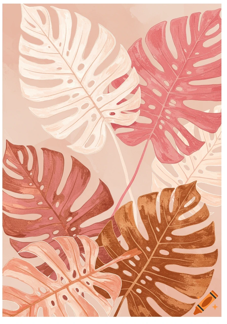 Abstract illustration of large monstera leaves in shades of pink, peach, white, and bronze on a light background.