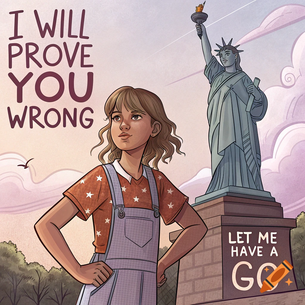 Illustration of a young girl standing determinedly before the Statue of Liberty with inspirational text.