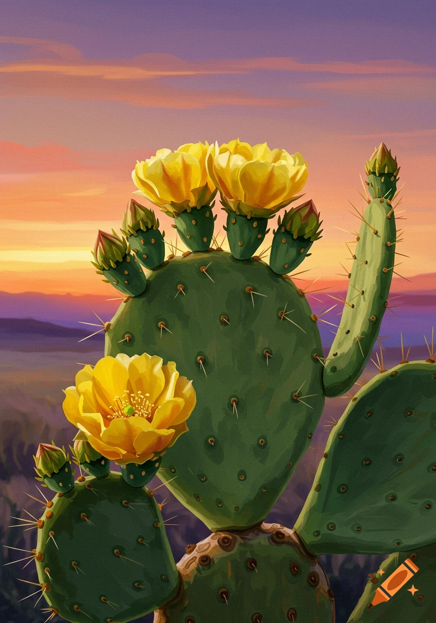 Illustration of a prickly pear cactus with yellow flowers against a sunset sky.