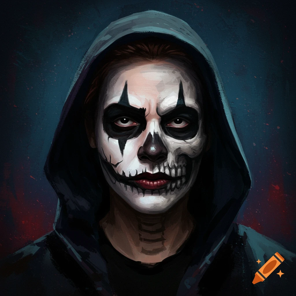 Portrait of a person with clown and skull face paint wearing a hooded jacket