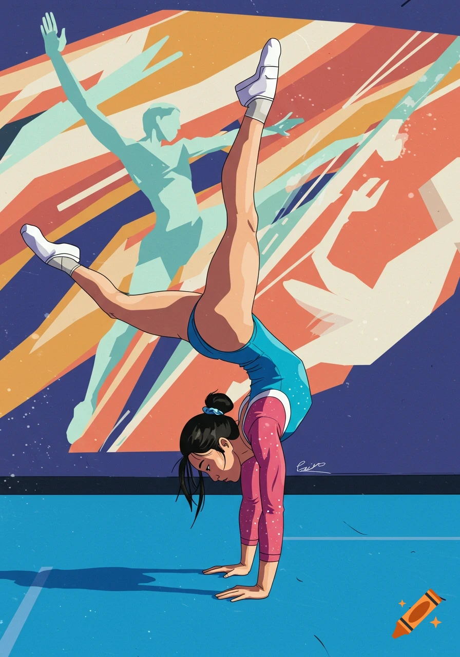 An illustrated woman doing a handstand in a rhythmic gymnastics pose.