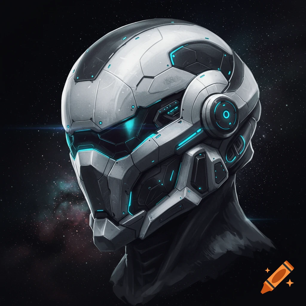 A white and grey futuristic soldier helmet with glowing blue accents against a starry background.