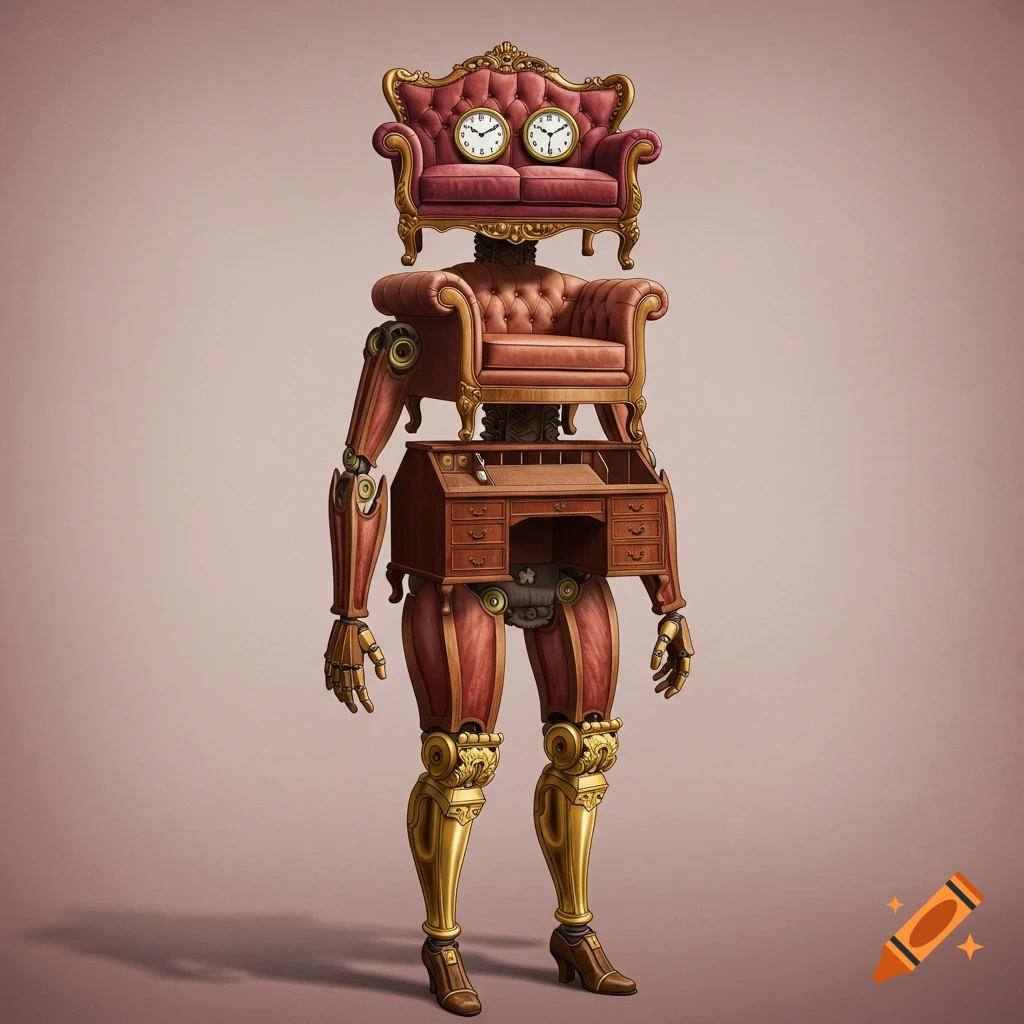 A surreal humanoid figure constructed from antique furniture, including a sofa head with clocks for eyes, an armchair torso, and a desk midsection.