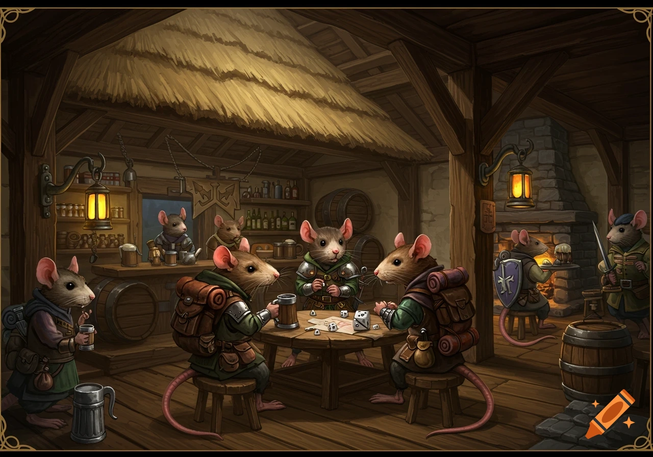 Anthropomorphic rats in a fantasy tavern playing dice