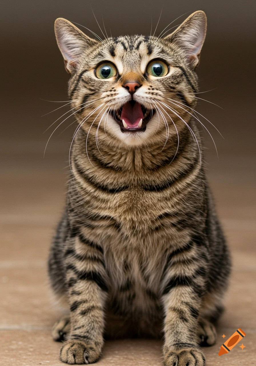 Close-up photo of a shocked tabby cat with mouth open on Craiyon