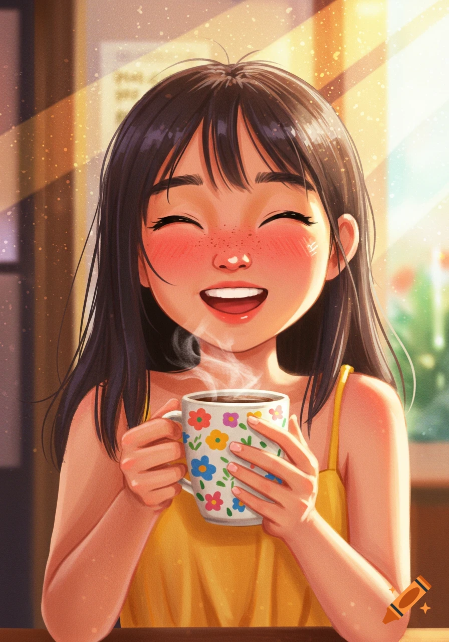 A stylized illustration of a happy young woman with freckles holding a steaming coffee mug decorated with flowers.