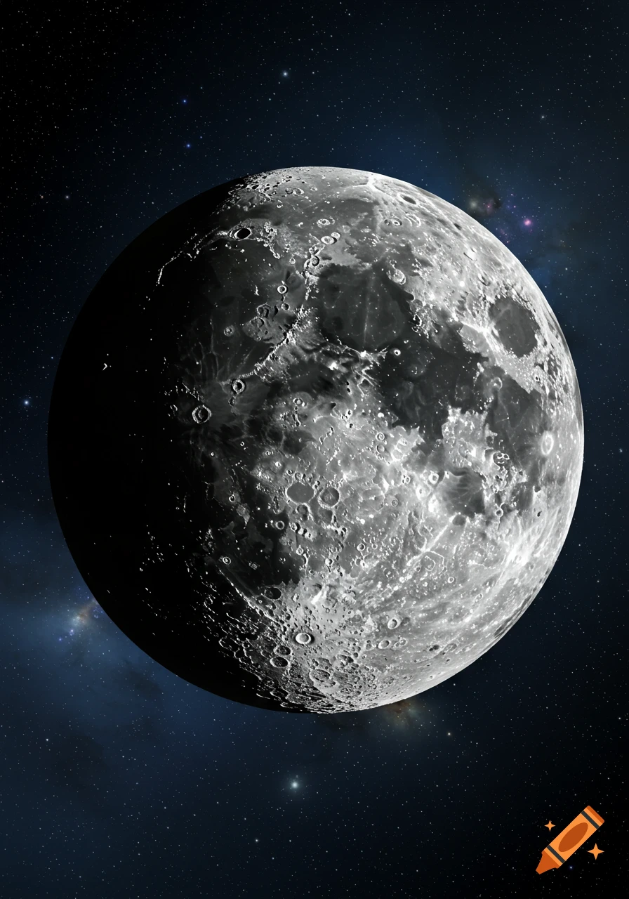 Detailed view of the moon against a deep space background with stars and nebulas.