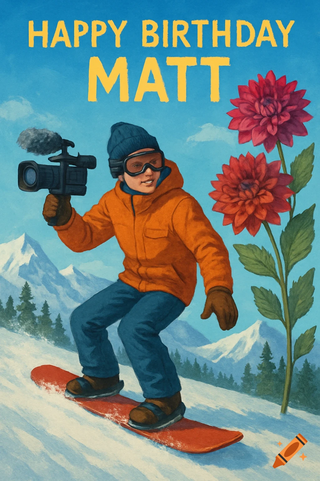 Illustration of a person snowboarding and filming, with mountains, flowers, and text 'HAPPY BIRTHDAY MATT'.