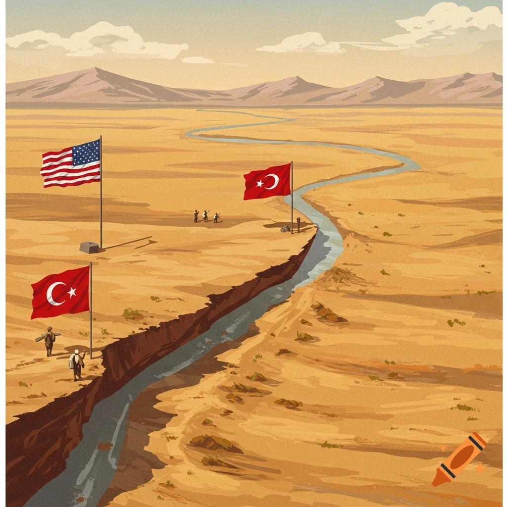 Stylized illustration of US and Turkish flags planted on opposite sides of a large crack or river in a desert landscape, with small figures.