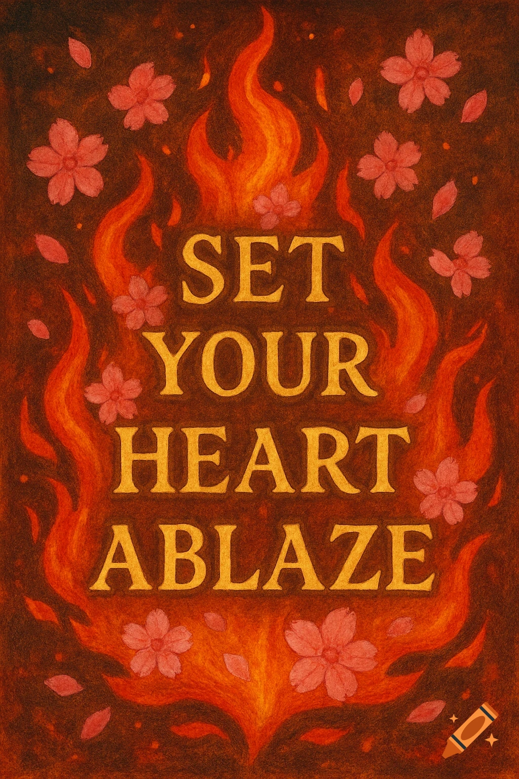 The text 'SET YOUR HEART ABLAZE' surrounded by orange flames, pink cherry blossoms, and petals on a dark, textured background, in a painterly style.
