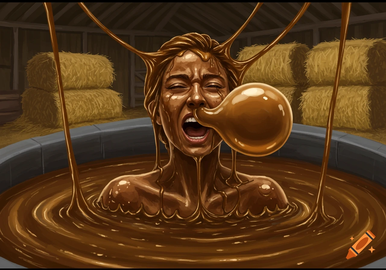 Person covered in brown molasses in a barn, with a bubble over their mouth.