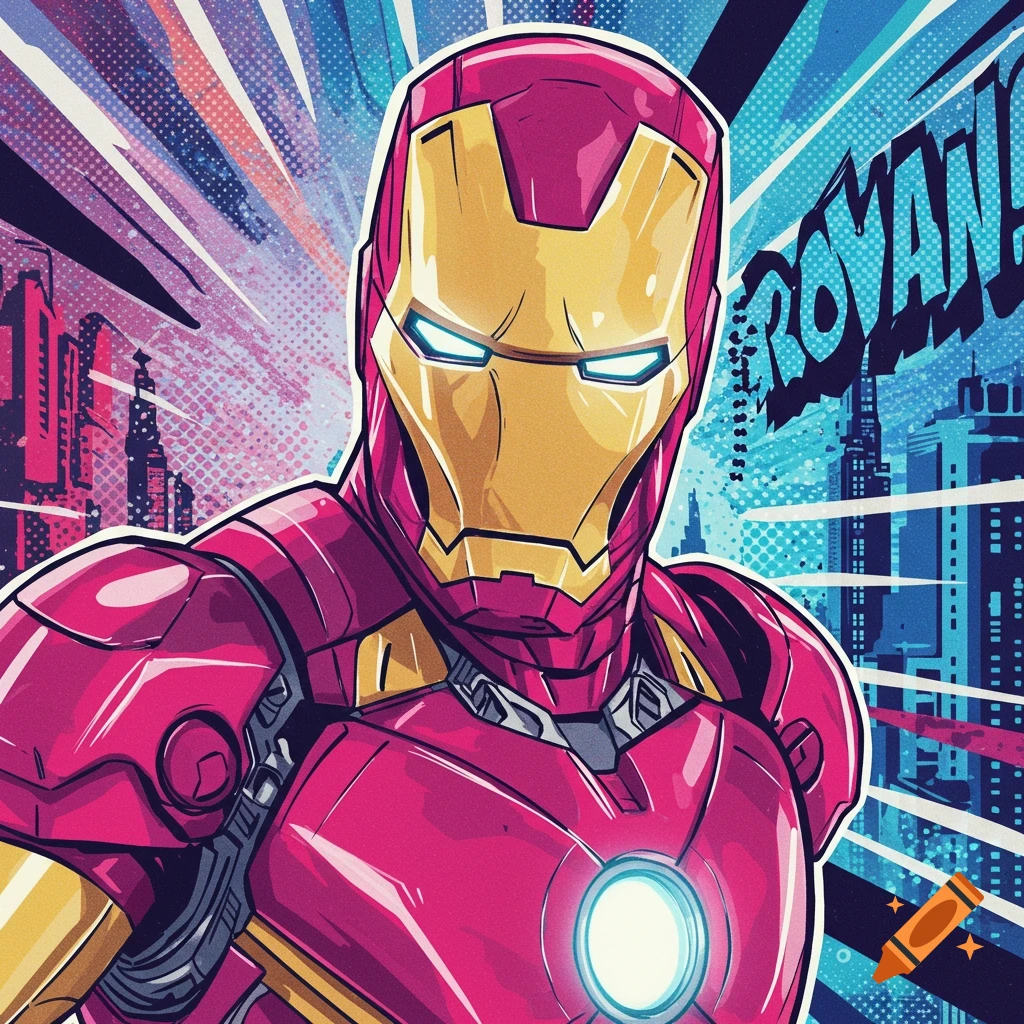 Iron Man in pink and blue pop art style with a cityscape background.