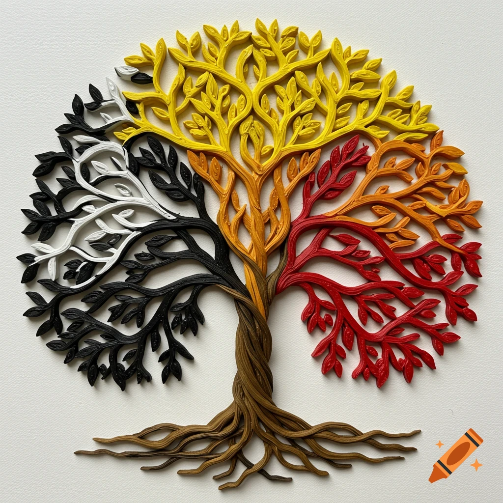A stylized tree of life in red, orange, yellow, white, and black quilled paper art against a white background.