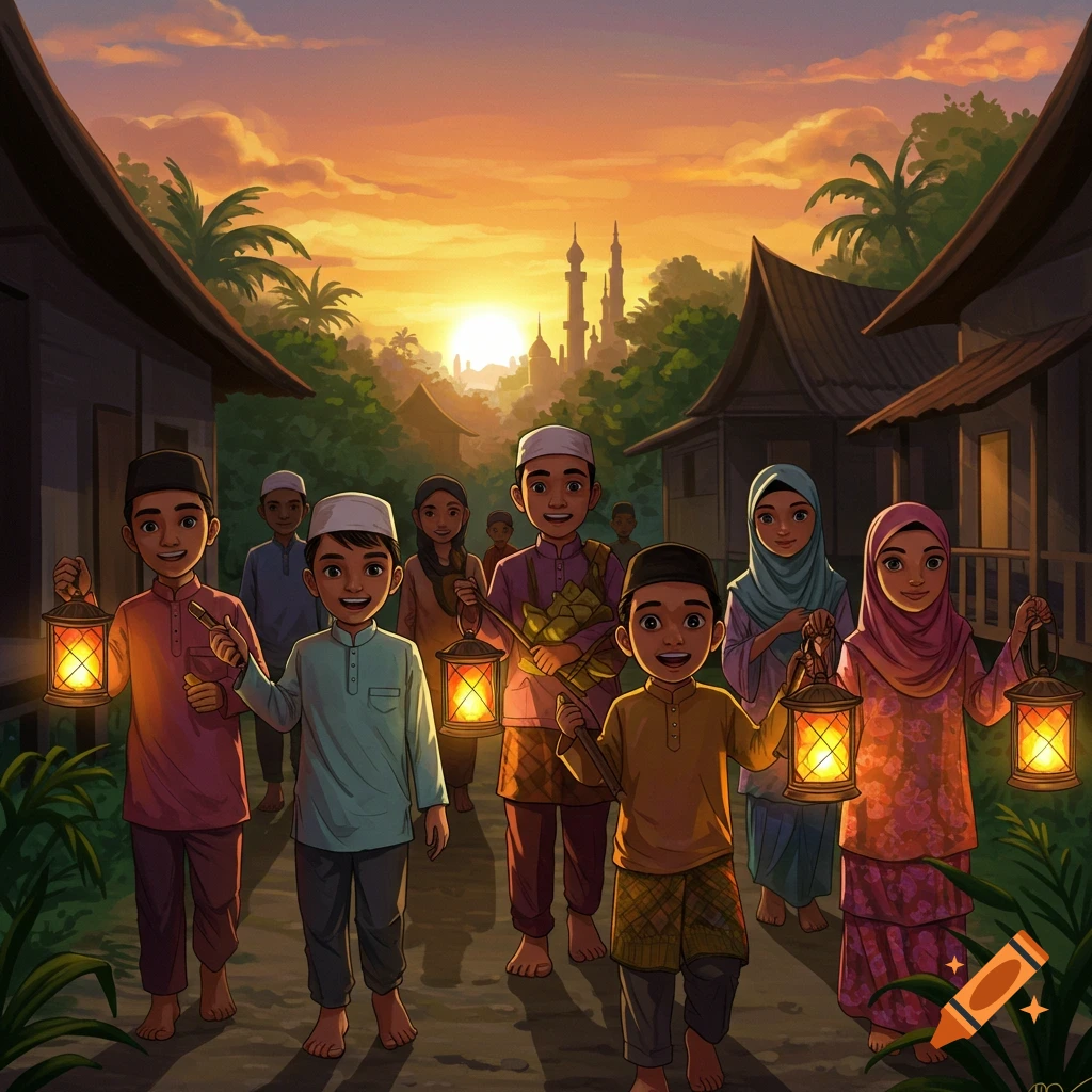 Children and adults in traditional clothing carry lanterns through a village street at sunset.
