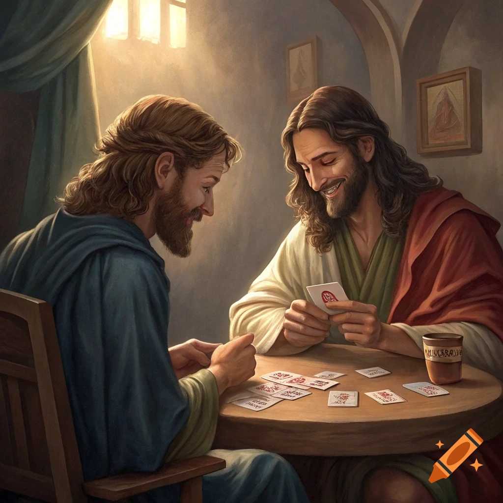 Two men resembling Jesus and a companion play cards at a wooden table, bathed in sunlight.