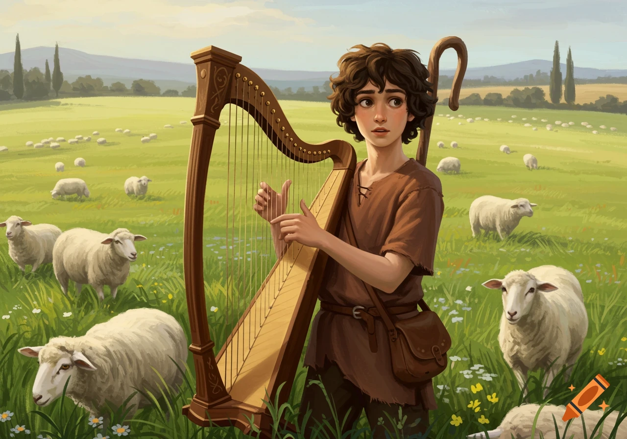 A shepherd boy plays a harp in a sunny field with sheep in an illustration style.