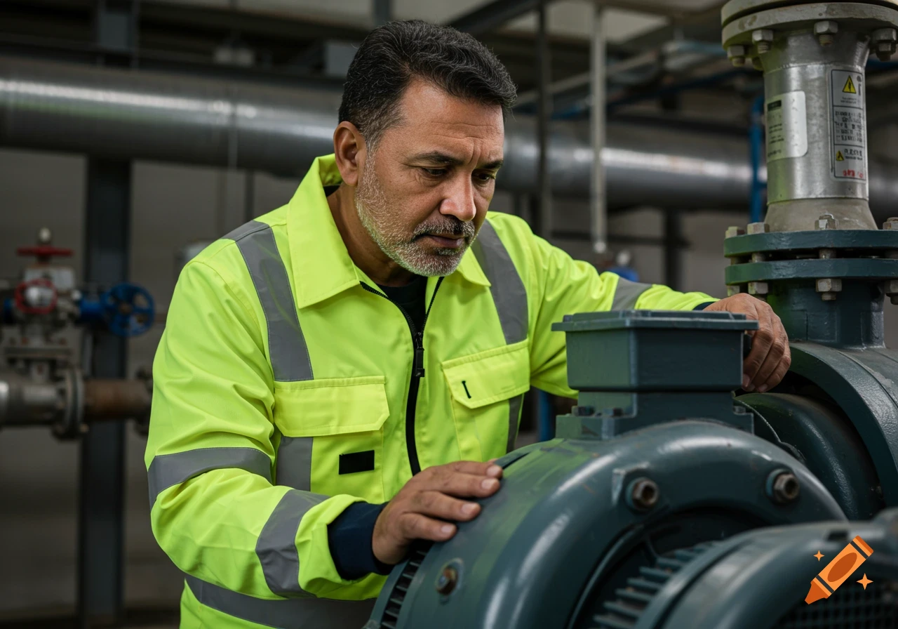 A man in a yellow high-visibility vest inspects large industrial pipes and valves.