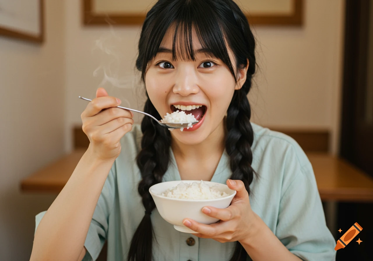 Young woman with braids eating rice with a spoon, looking at camera