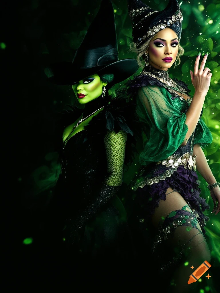 Two women dressed as witches, one green-skinned in a black hat, the other in a sparkly outfit, in a green magical background.