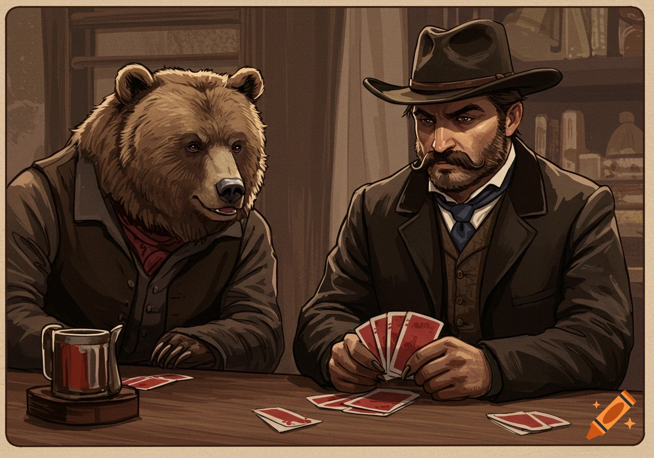 An illustration of a bear and a man in a hat playing cards at a table in a saloon.