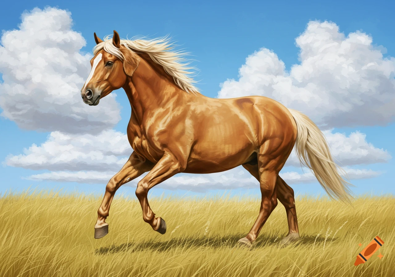 A brown horse runs through a grassy field under a cloudy blue sky.