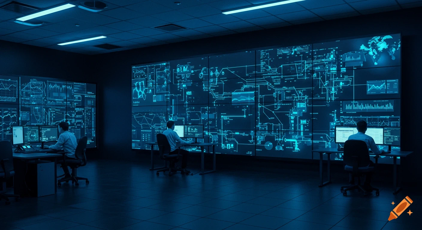 Dark control room with people working in front of large screens displaying blue technical data.