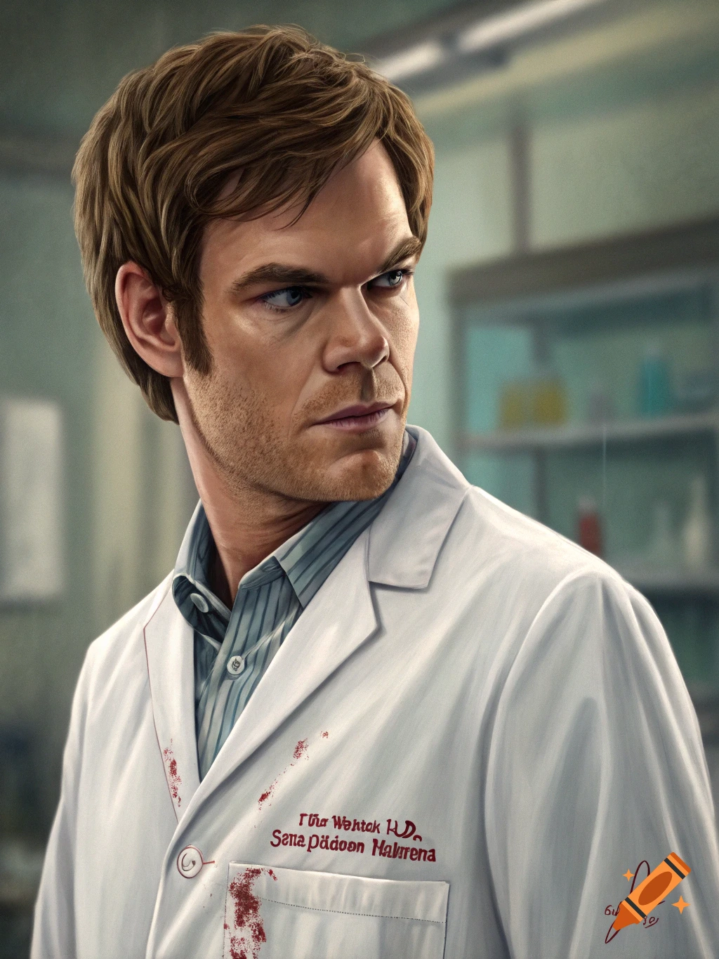 Portrait of a man resembling Dexter Morgan in a blood-spattered lab coat, looking to the side.