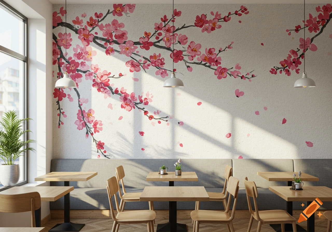 Cafe interior with a pink cherry blossom mural on the wall, tables, chairs, and a window.