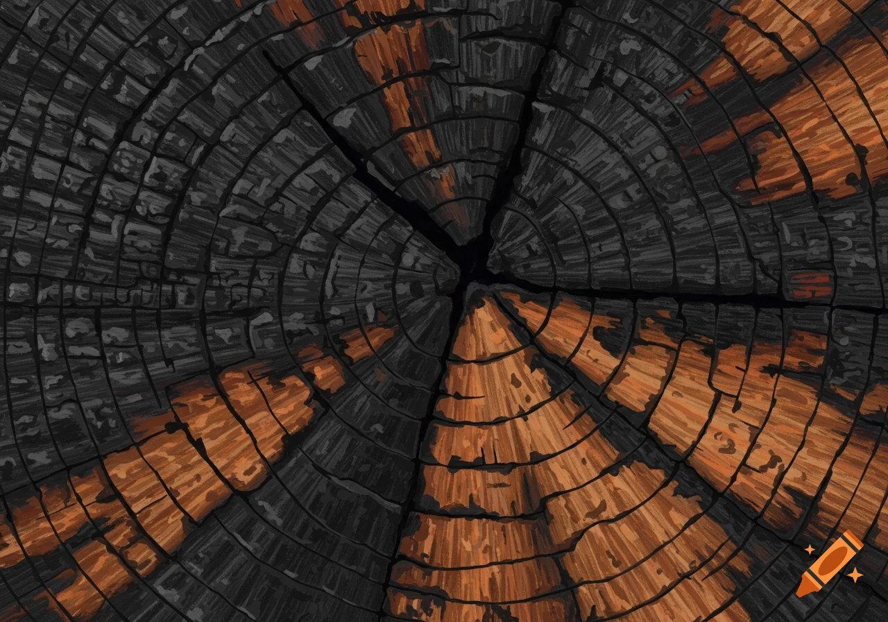 Close-up view of burnt tree trunk rings