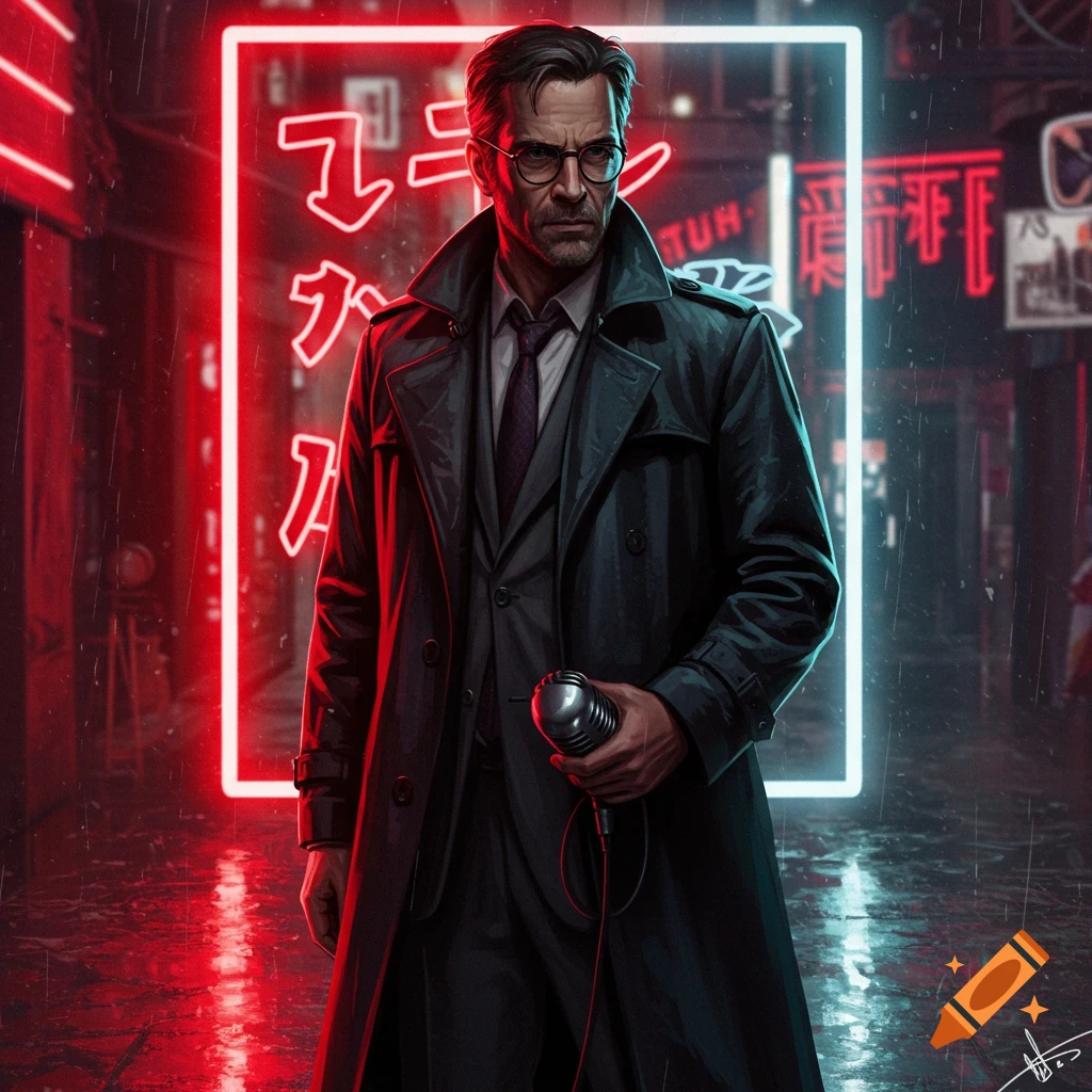 A detective in a trench coat stands in a neon-lit city street, holding a microphone. Cyberpunk style.