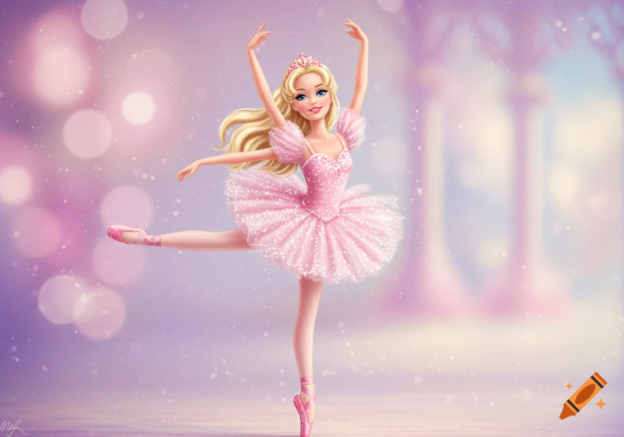 Barbie ballerina in pink tutu dancing, sparkling background