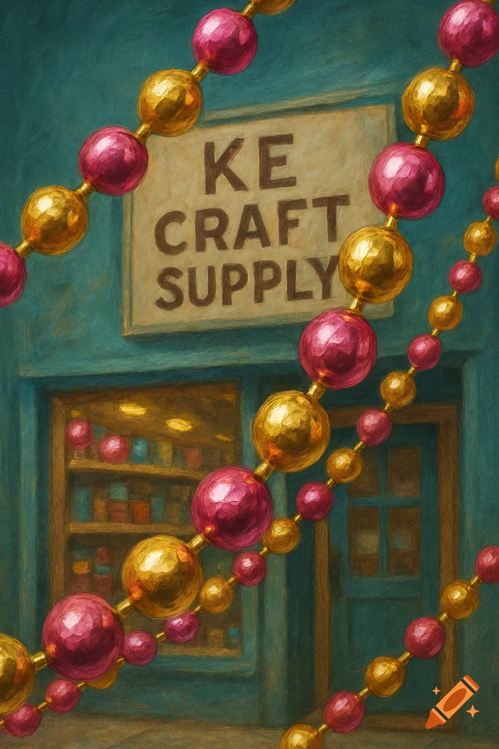 Strings of pink and gold beads in front of a sign that reads KE CRAFT SUPPLY, painted style.