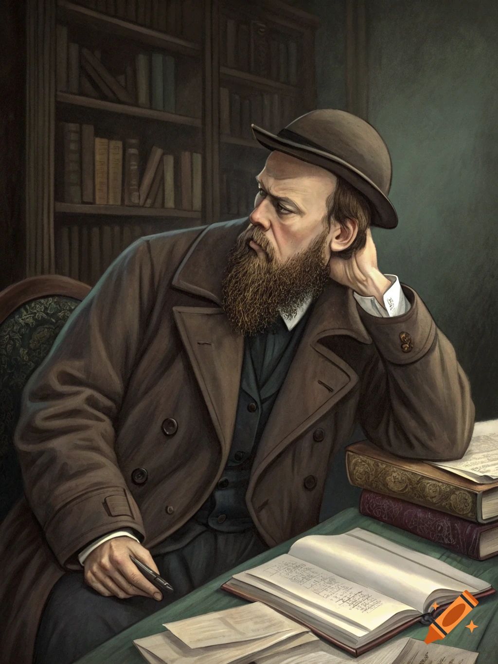 A painting of a man resembling Dostoyevsky sitting at a desk in a library, looking away pensively.
