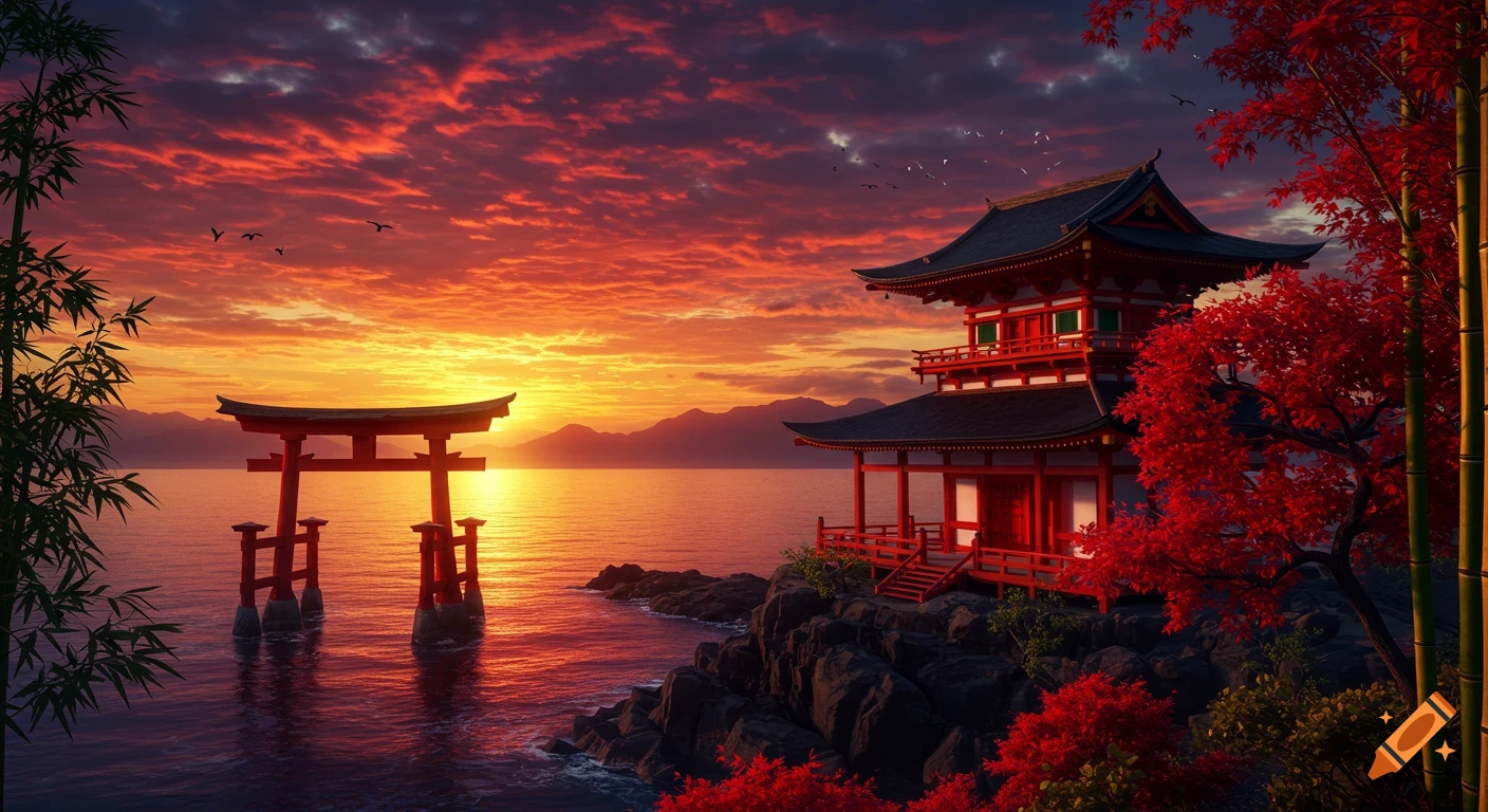 Japanese temple and torii gate by the sea at sunset with red trees