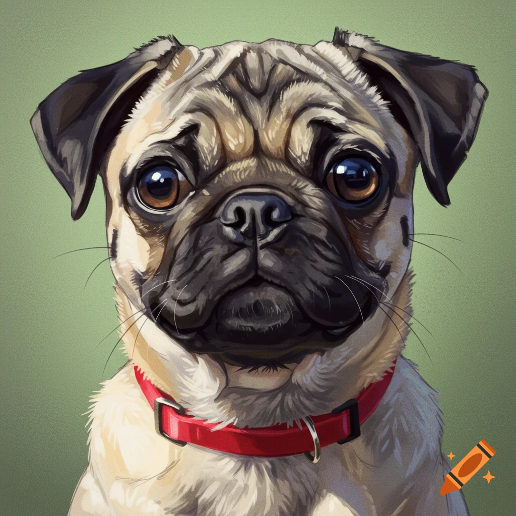 Close-up digital painting of a pug dog wearing a red collar against a green background.
