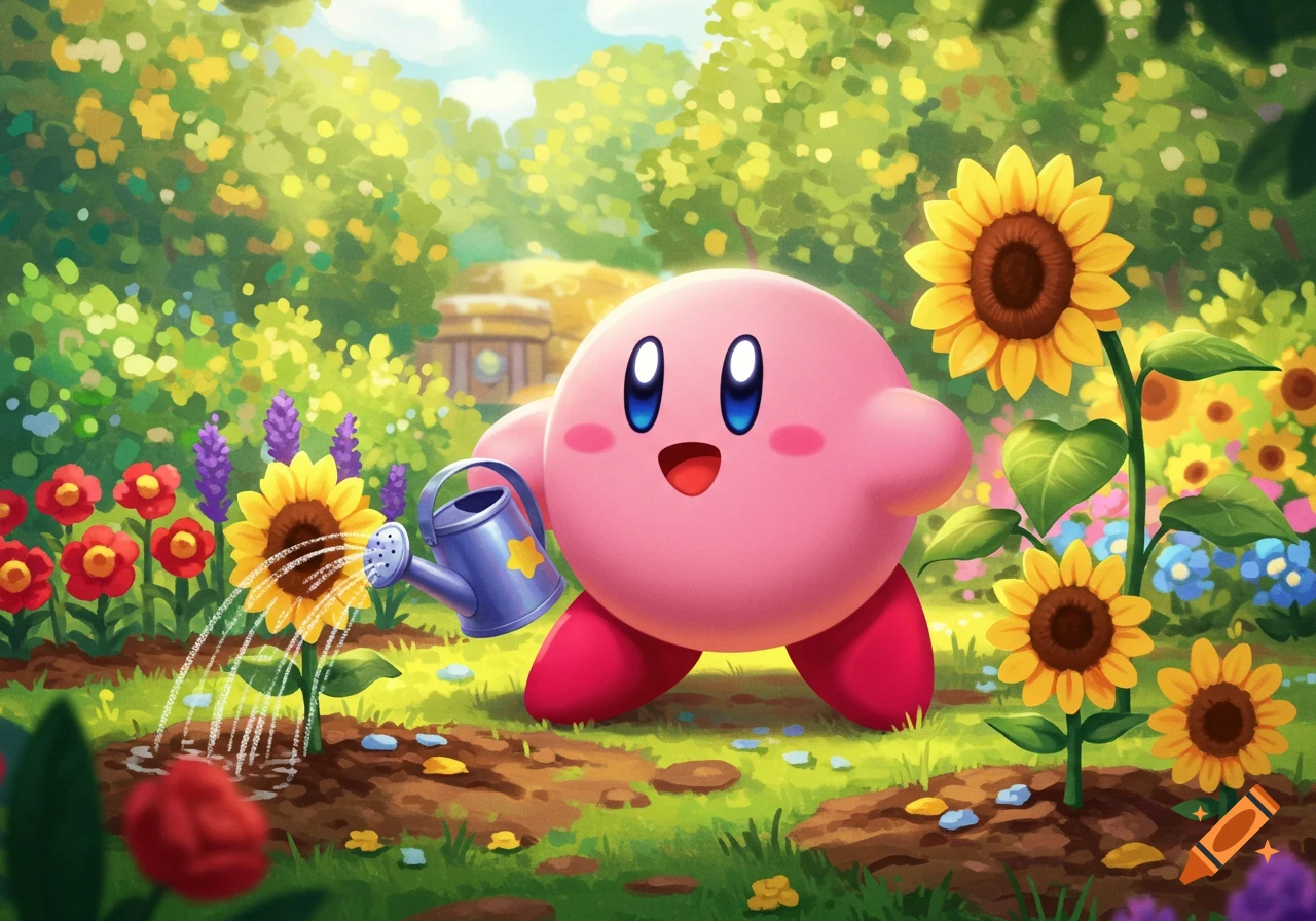 Kirby watering sunflowers in a bright garden.