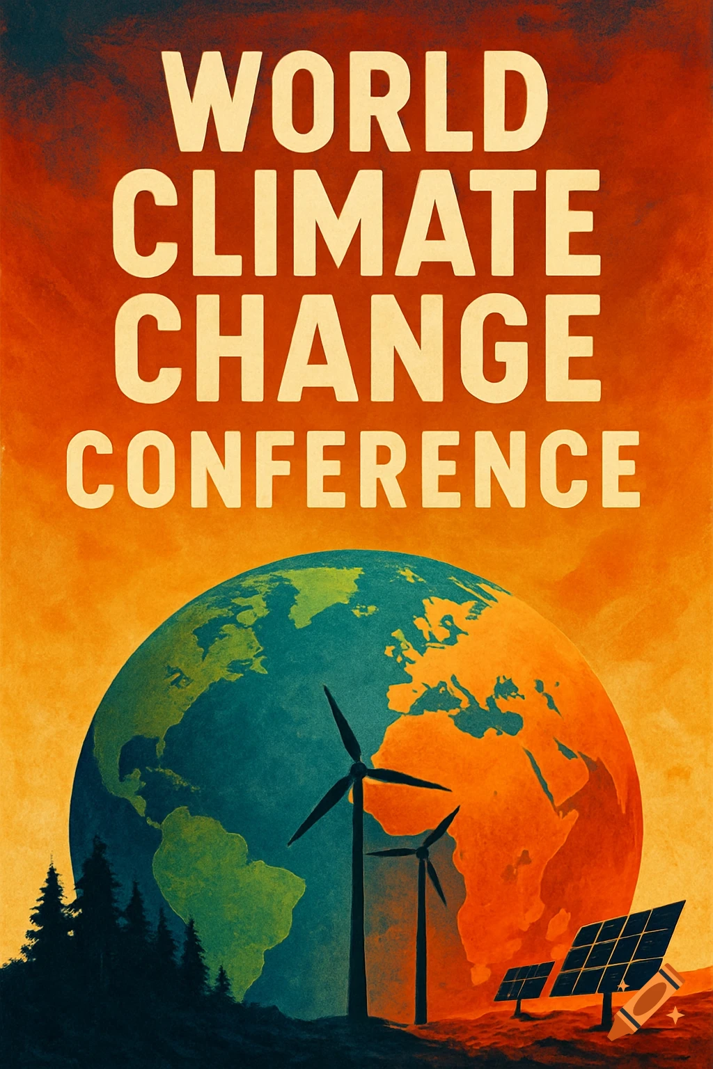 Poster for a World Climate Change Conference with Earth globe, windmills, and solar panels against an orange sky.
