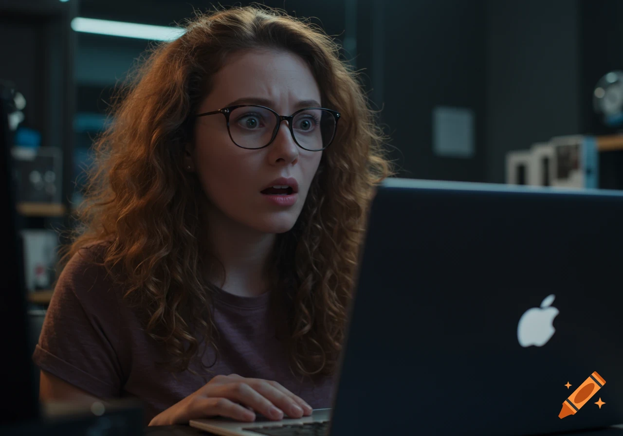 Young woman with glasses looking shocked at laptop screen
