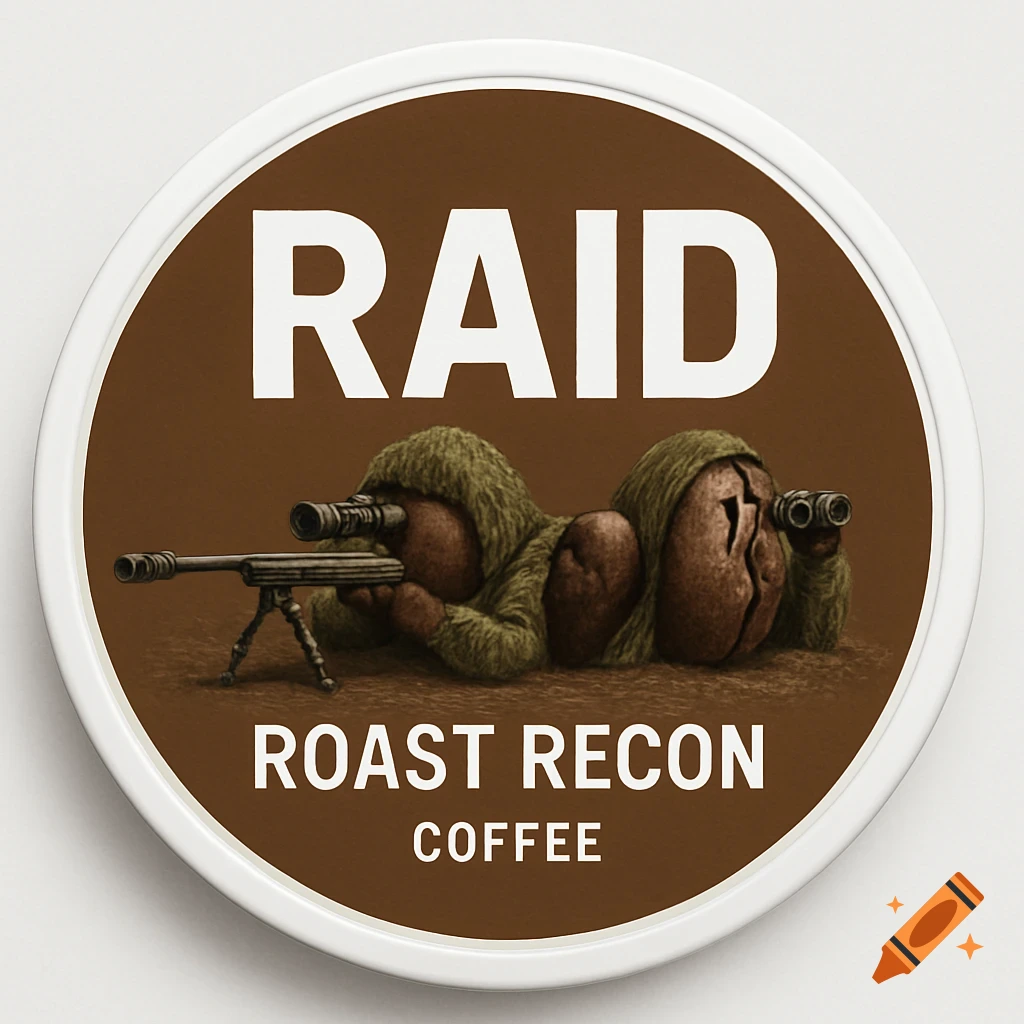 Coffee label art: anthropomorphic coffee beans dressed as snipers, one with rifle, one with binoculars. Text reads 'RAID ROAST RECON COFFEE'.