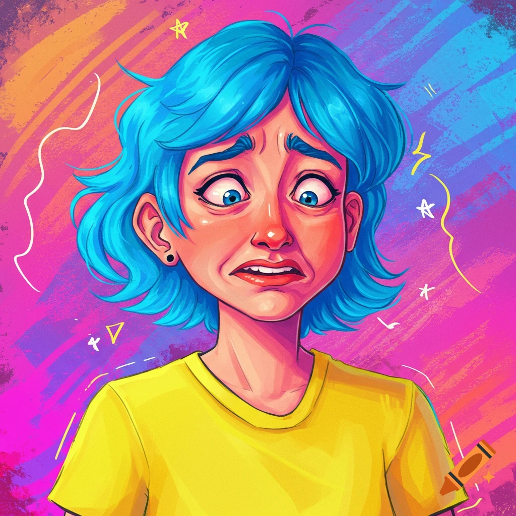 A cartoon portrait of a woman with blue hair looking stressed against a colorful, abstract background.