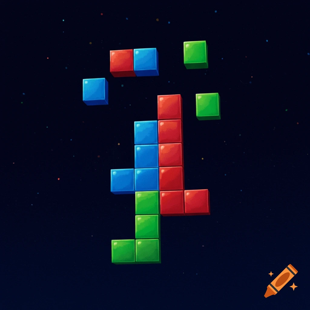 Colorful block shapes resembling Tetris falling in space.
