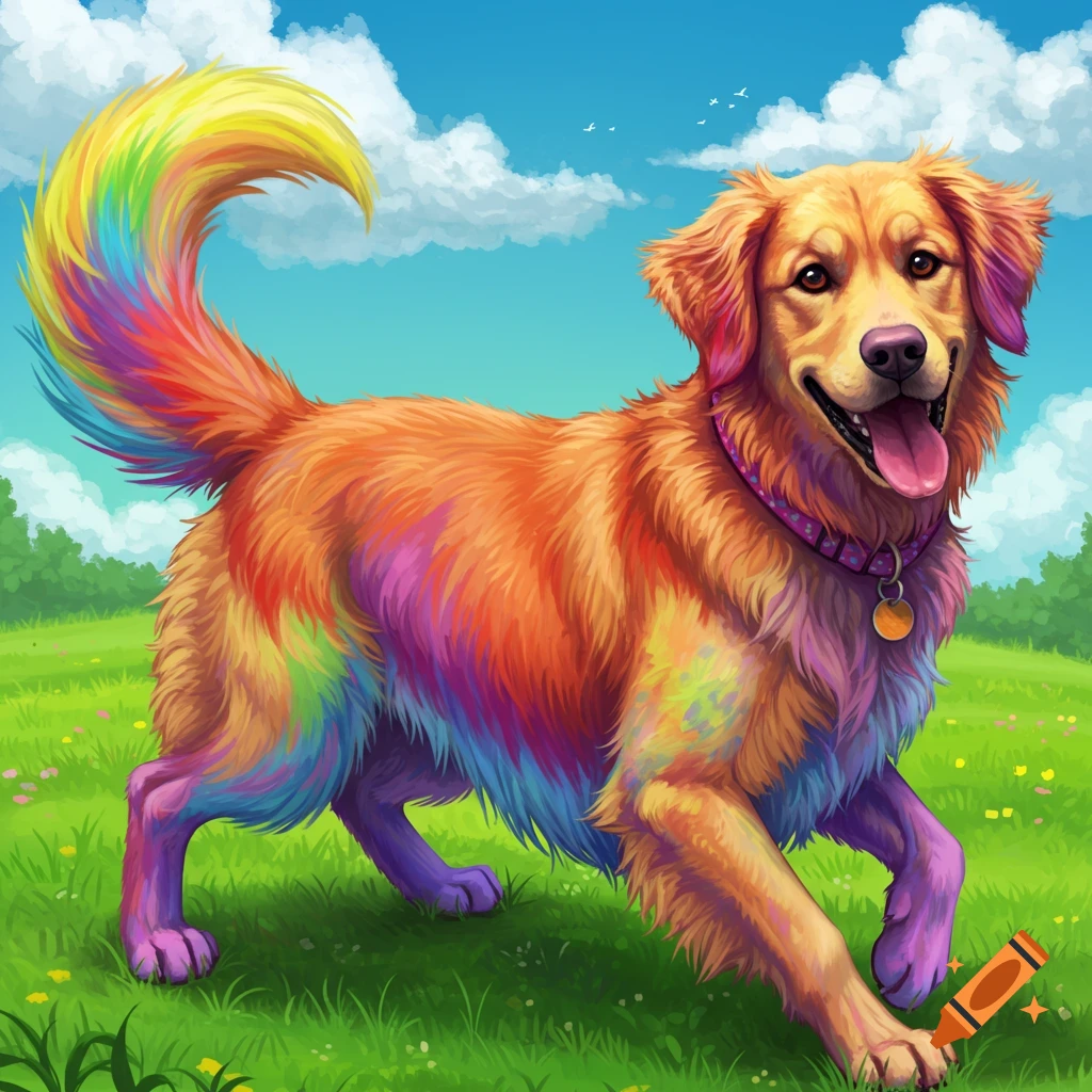 A golden retriever with rainbow-colored fur walks through a grassy field under a blue sky, digital art.
