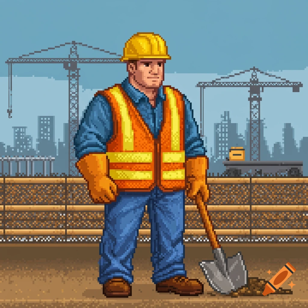 A pixel art illustration of a construction worker in a hard hat and safety vest, holding a shovel.