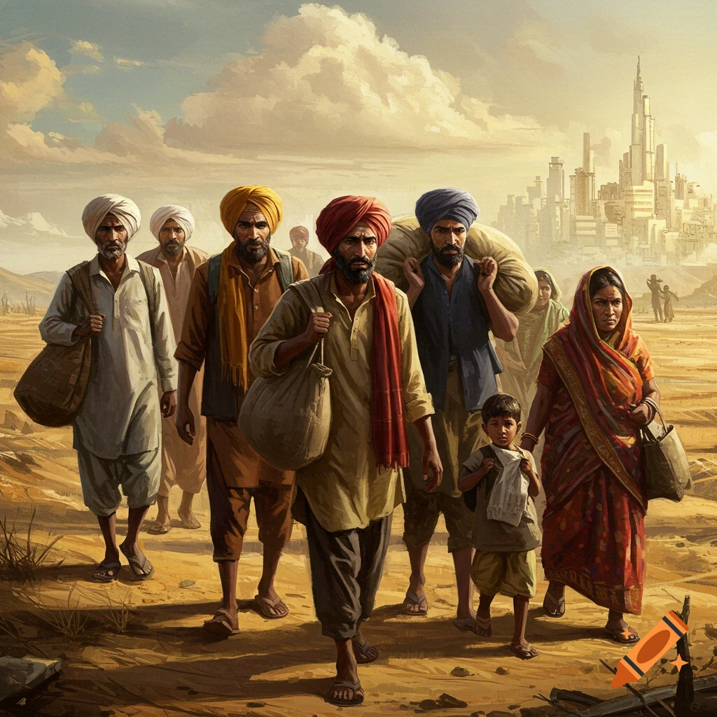 Group of people, some in turbans, walk across a desert landscape towards a distant city.