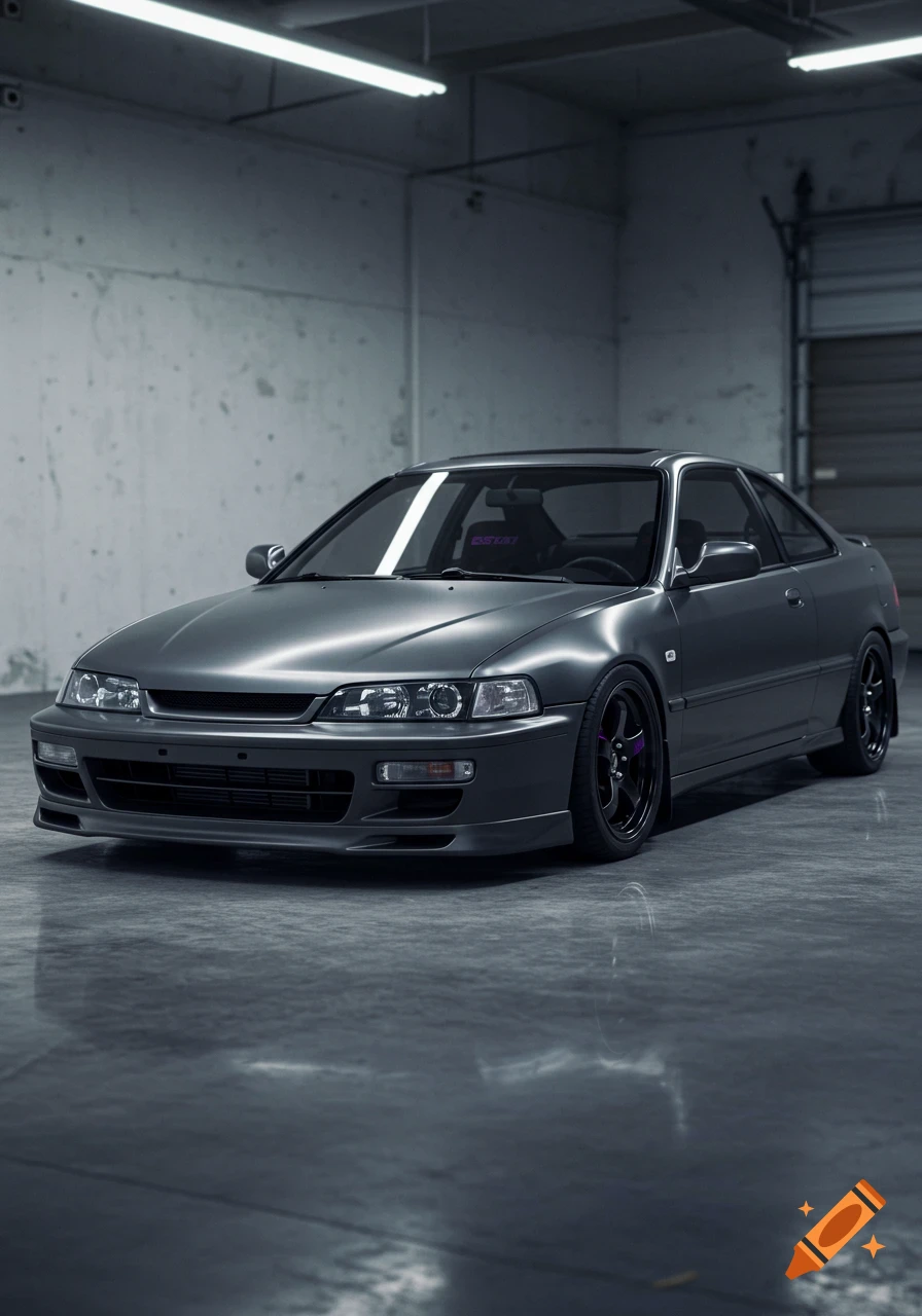 A matte grey customized Acura Integra coupe is parked indoors, lowered with black rims and purple accents.