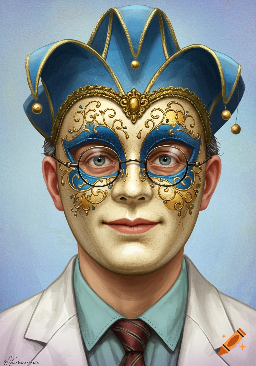 Illustration of person in Venetian jester mask, glasses, and lab coat