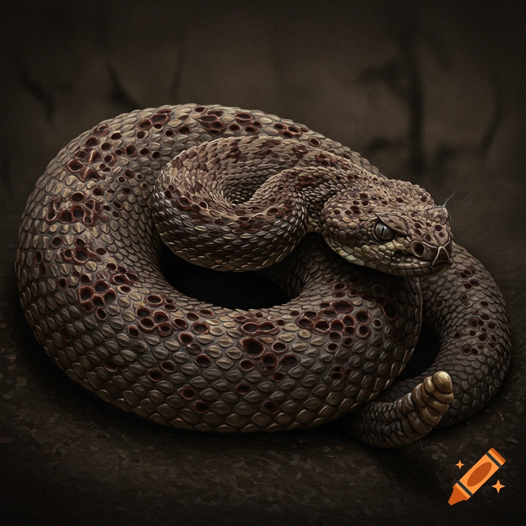 A coiled rattlesnake with intricate scale patterns.
