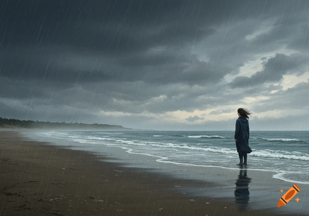 Person in coat stands on a rainy beach looking at the stormy sea.