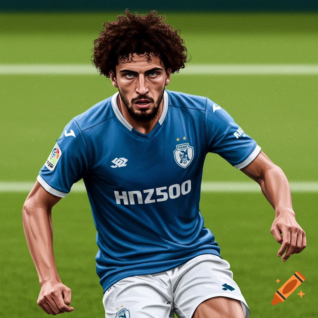 A soccer player in a blue jersey runs on a green field.