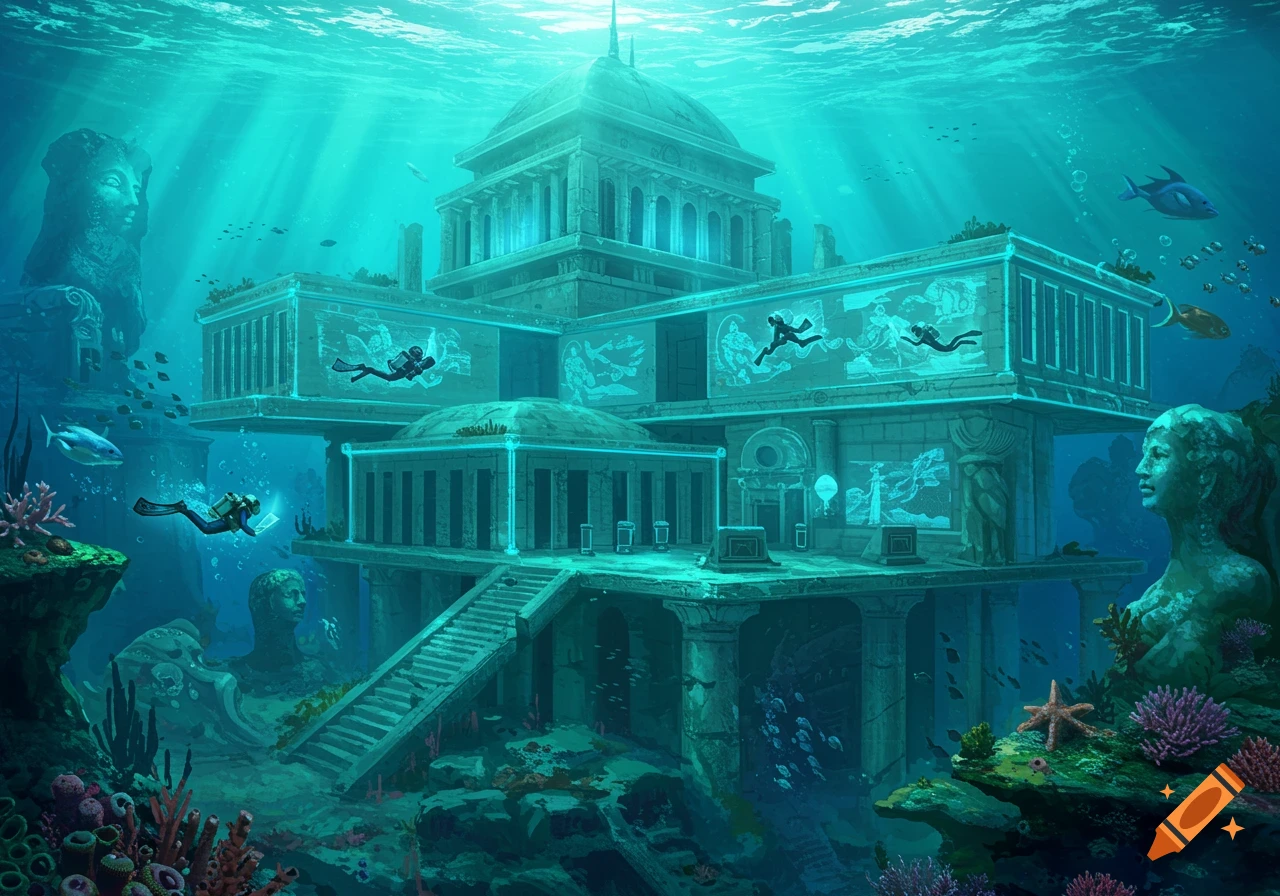 Underwater view of ancient ruins with divers and fish.